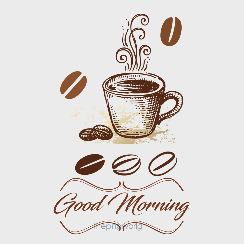 Good Morning with Coffee Beans and Text PNG gm,good morning,morning,coffee,wish,wake up,breakfast,alarm clock,brush,good day,have a nice day,quote,sunrise,sun,beans